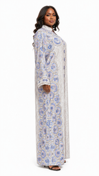 White & Periwinkle Floral Medallion Pearl Chain Placket Kaftan Maxi Dress - Side model view