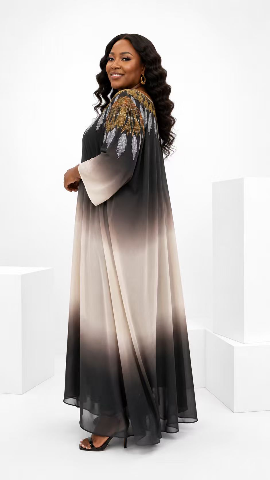 African Queen Ombre Chiffon Embroidered Maxi Dress