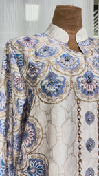 White & Periwinkle Floral Medallion Pearl Chain Placket Kaftan Maxi Dress