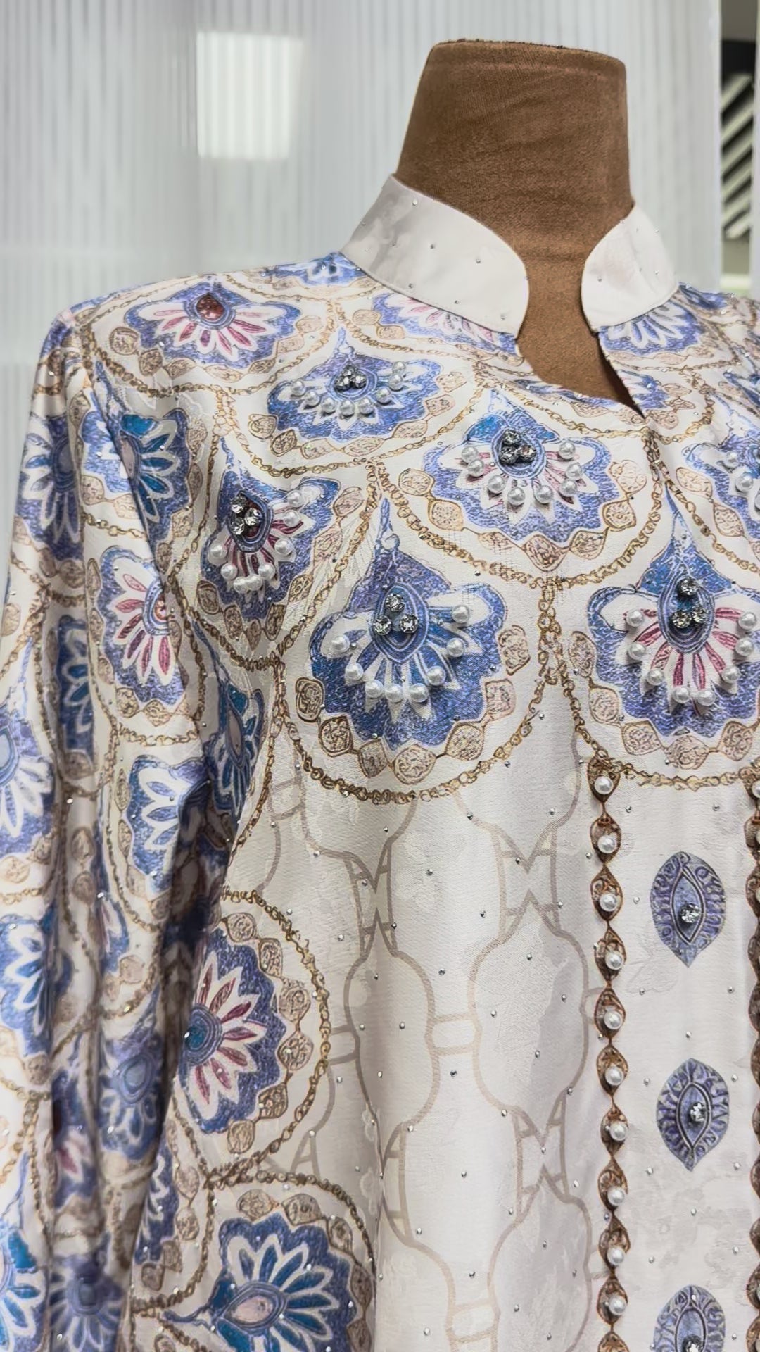 White & Periwinkle Floral Medallion Pearl Chain Placket Kaftan Maxi Dress