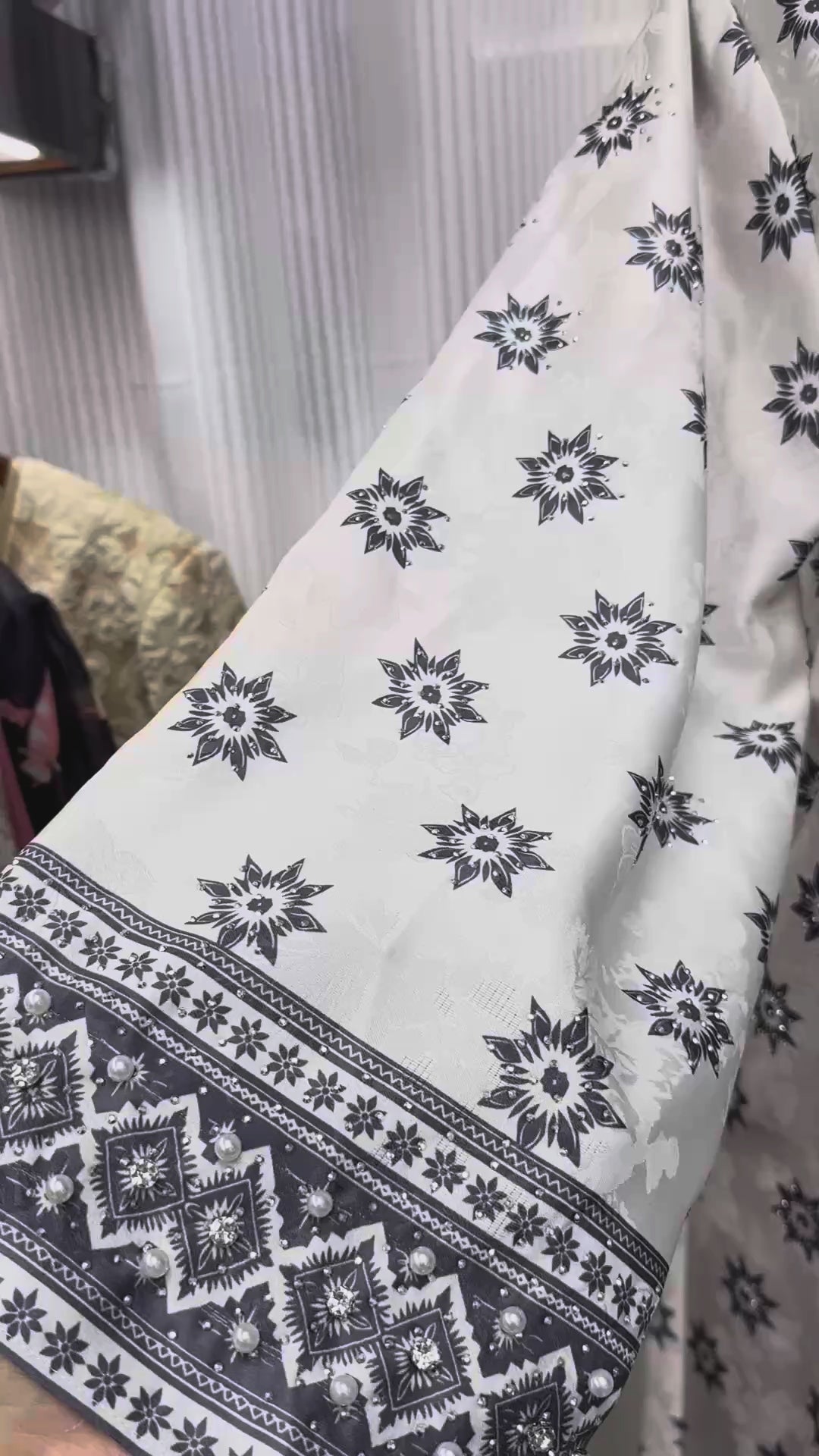 White & Navy Geometric Star Tile Medallion Kaftan Maxi Dress
