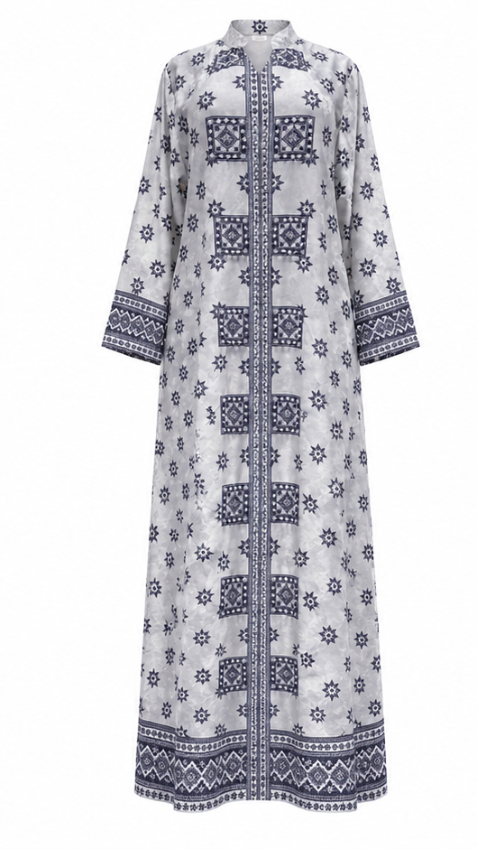 White & Navy Geometric Star Tile Medallion Kaftan Maxi Dress - Flat lay product view