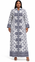 White & Navy Geometric Star Tile Medallion Kaftan Maxi Dress - Front model view