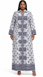 White & Navy Geometric Star Tile Medallion Kaftan Maxi Dress - Front model view