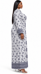 White & Navy Geometric Star Tile Medallion Kaftan Maxi Dress - Side model view