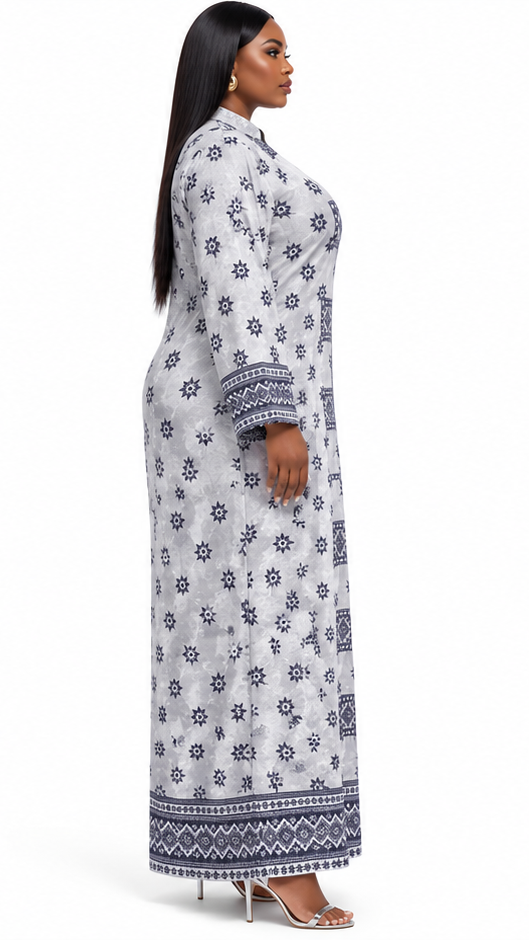 White & Navy Geometric Star Tile Medallion Kaftan Maxi Dress - Side model view